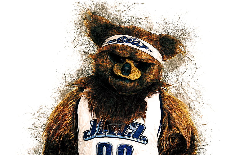 Jazz Bear, official mascot, Utah Jazz, portrait art, NBA, USA, grunge art, symbol, white background, paint art, National Basketball Association, NBA mascots, Utah Jazz mascot, basketball, HD wallpaper