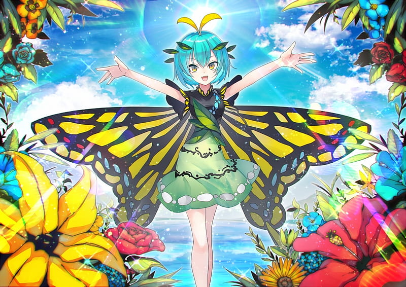 Larva, wings, butterfly, girl, etarnity, anime, flower, manga, HD wallpaper