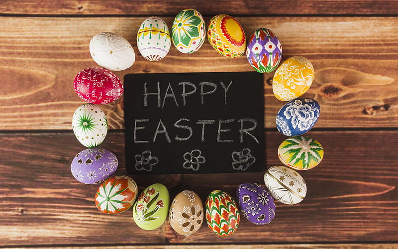 Happy Easter, congratulation, greeting card, Easter eggs, wooden background, HD wallpaper