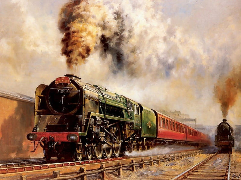 Steamtrain, painting, railway, steam, trains, HD wallpaper