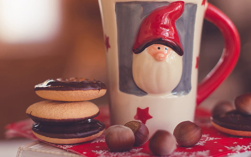 Merry Christmas!, red, craciun, christmas, food, sweet, dessert, nuts, cookies, santa, cup, white, HD wallpaper