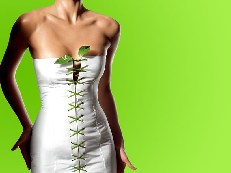White corset, woman, tea, elegant, leaf, green, body, nature, lady, white, casual, corset, HD wallpaper