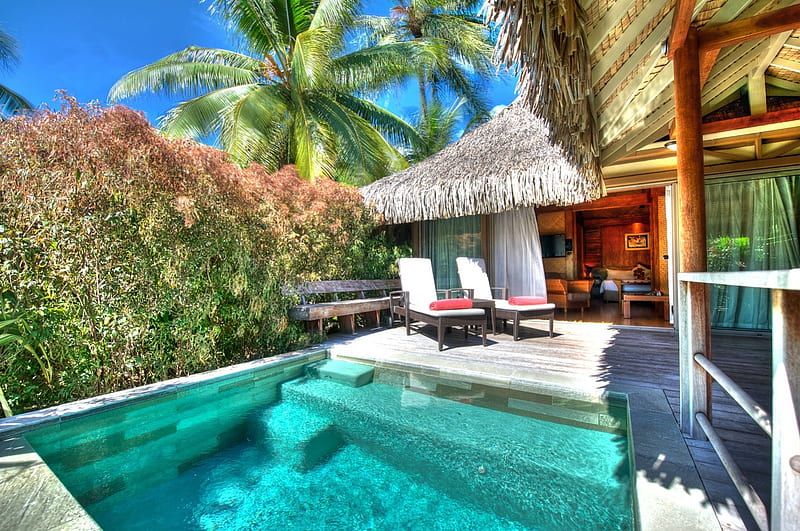 Tropical Modern Beach Villa Moorea, moorea, polynesia, hut, contemporary, exotic, villa, pool, beach, modern, paradise, island, tahiti, tropical, swimming, luxury, HD wallpaper