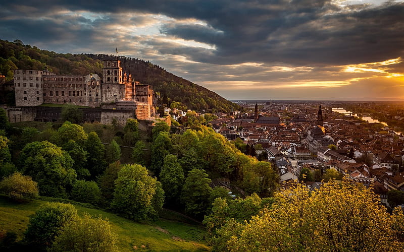 Heidelberg Castle, Evening, city panorama, sunset, Heidelberg, Germany, HD wallpaper