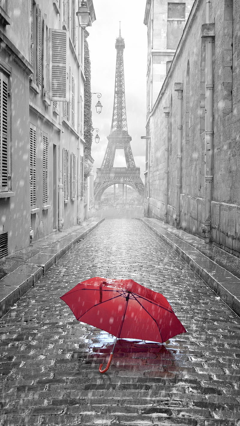 Paris Rain, paris, rain, wet street, red umbrella, HD phone wallpaper