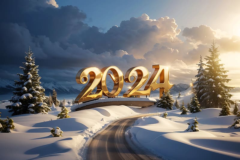 Happy New Year 2024, 2024, road, abstract, snow, trees, HD wallpaper
