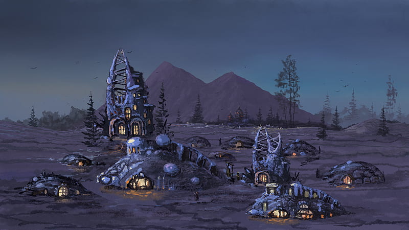 settlement, houses, mountains, fantasy, art, HD wallpaper