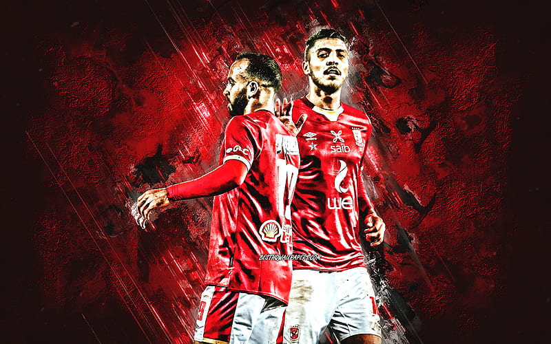 Al Ahly SC, Mohamed Magdy Afsha, Mohamed Sherif, Egyptian footballers, Al Ahly, red stone background, soccer, Egypt, HD wallpaper