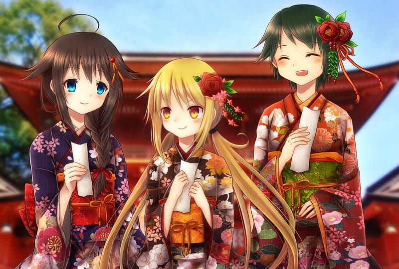 Having fun with friends, pretty, game, kancolle, sweet, lights, nice, anime, temple, akntai collection, long hair, kantai collection, twintail, sky, shigure, braids, short hair, cute, cool, awesome, green hair, dress, cancolle, anime girls, bonito, satsuki, beauies, blue eyes, ome, friends, female, beauties, mogami, brown hair, blonde hair, fun, kimono, yellow eyes, flower, HD wallpaper