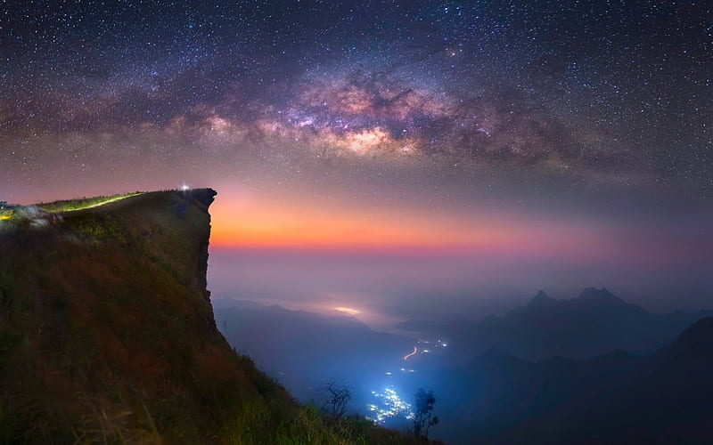 Lights On The Valley, Thailand, bonito, sunset, galaxy, mist, sea, valley, Milky Way, mountain, city, cliff, long exposure, evening, starry sky, HD wallpaper
