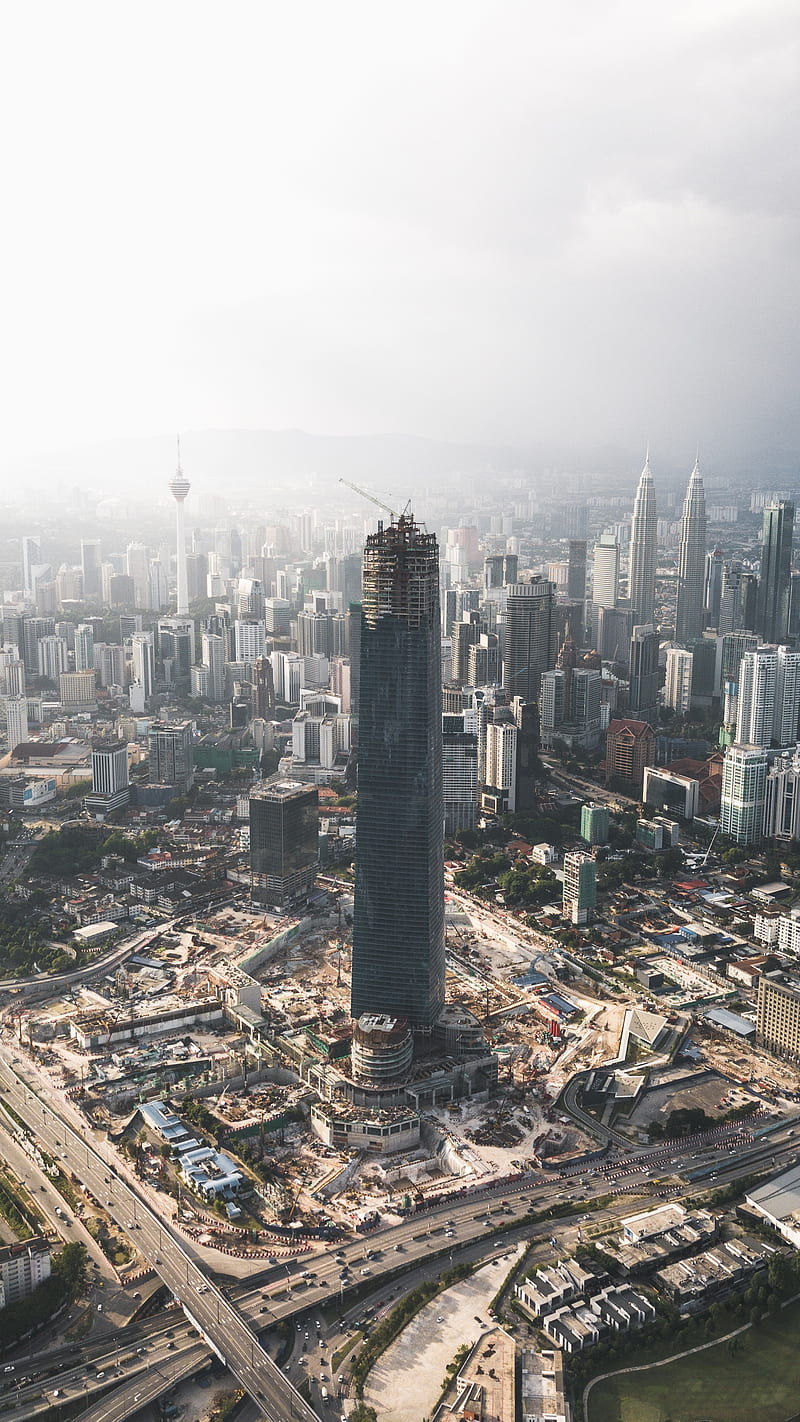 city, tower, Kuala Lumpur, aerial view, construction site, HD phone wallpaper