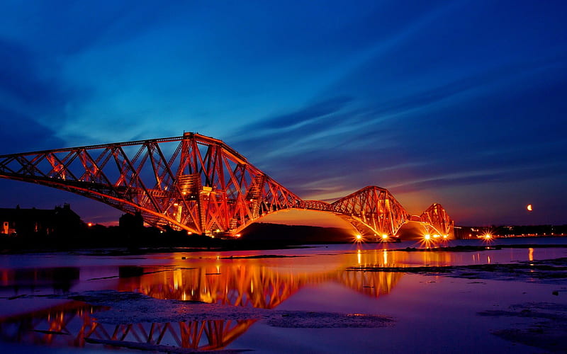 Scotland, pretty, dusk, bonito, nice, bridge, river, evening, reflection, light, blue, night, amazing, lovely, romantic, sky, lake, water, dark, HD wallpaper