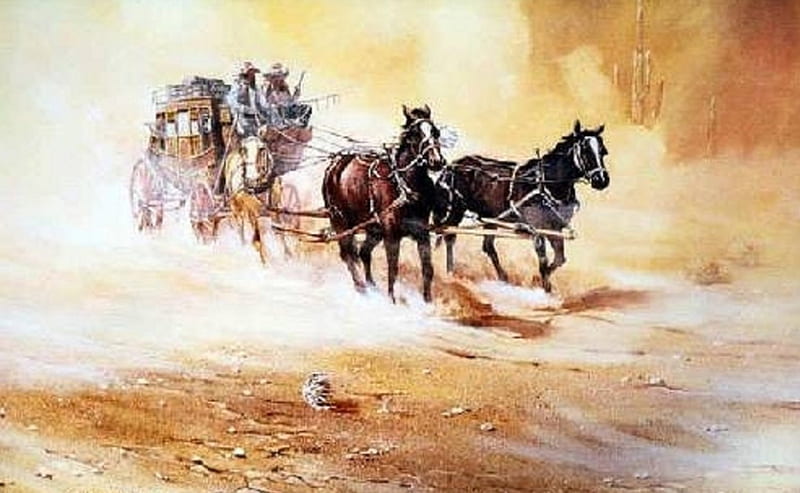 The Post Wagon, post wagon, old west, painting, abstract, horses, HD wallpaper