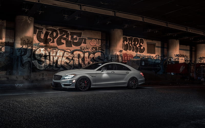 Mercedes-Benz CLS63 AMG, 2018, White CLS, sports sedan, tuning, black wheels, Graphity, W218, CLS63, Mercedes, HD wallpaper