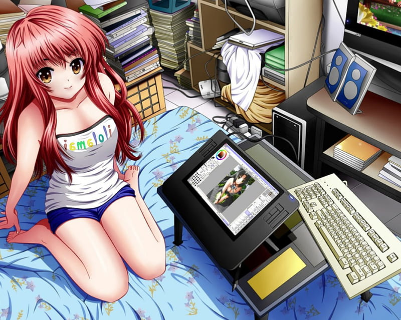 Workspace, female, book, technology, laptop, sexy, cute, girl, anime,  computer, HD wallpaper | Peakpx