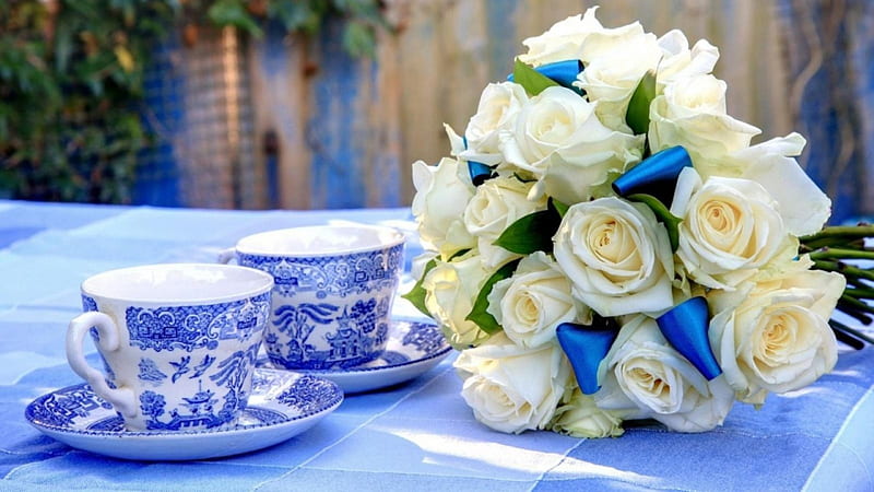 Still Life, bouquet, white roses, tea time, flowers, petals, cups, HD wallpaper
