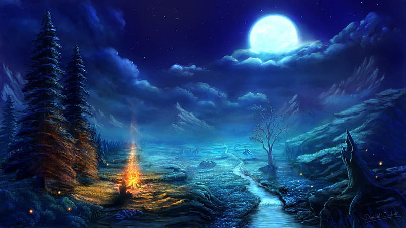 Giudens of the Moon, fire, skies, moon, water, campsite, full, blue, HD wallpaper