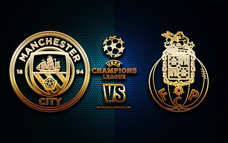 Manchester City vs Porto, season 2020-2021, Group C, UEFA Champions League, metal grid backgrounds, golden glitter logo, FC Porto, Manchester City FC, UEFA, HD wallpaper