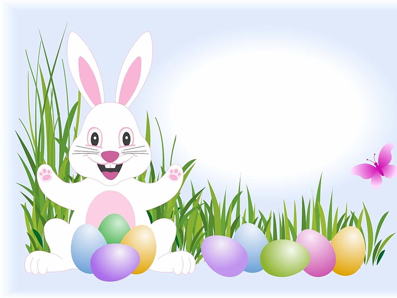 Easter bunny and easter eggs, bunny, easter, holiday, butterfly, HD wallpaper