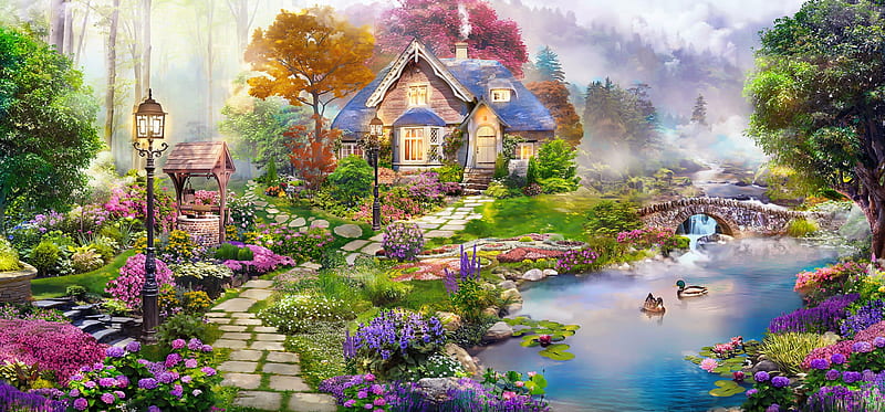 House by the river, house, cottage, paradise, flowers, spring, river, swans, art, lake, pond, HD wallpaper
