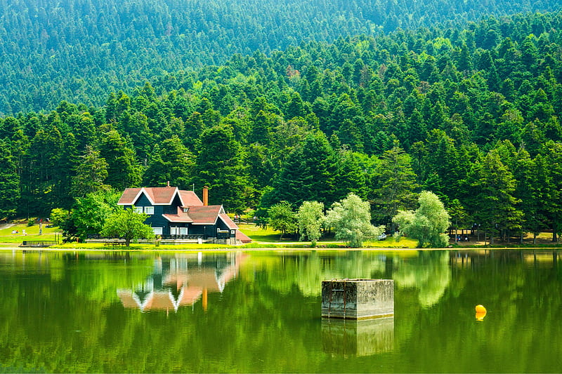 turkey bolu, lake golcuk, reflection, trees, mountain, Landscape, HD wallpaper