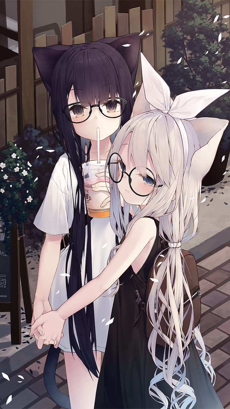 anime, anime girls, long hair, yuri, women with glasses, glasses, animal ears, HD phone wallpaper