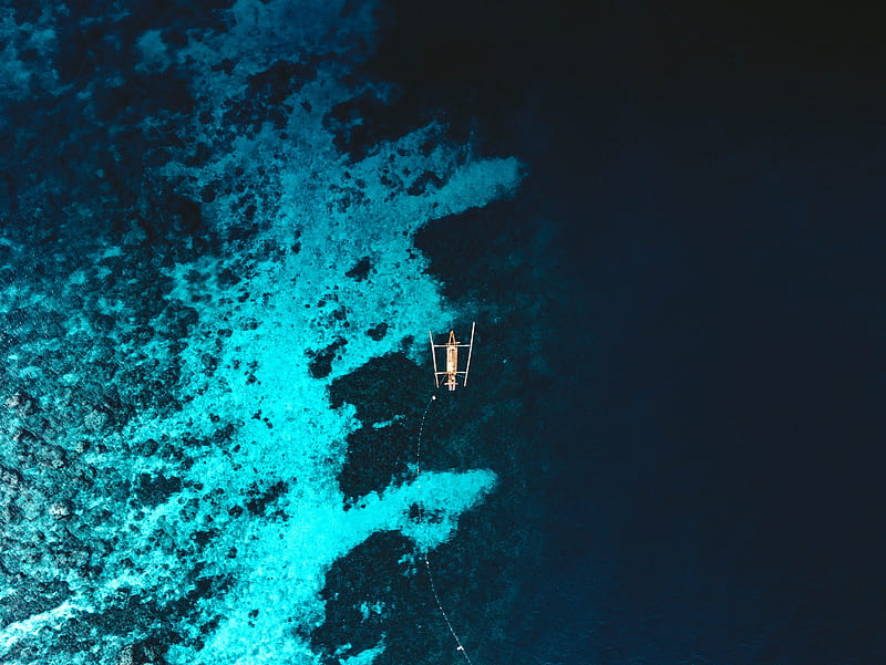 boat, sea, aerial view, water, reef, HD wallpaper