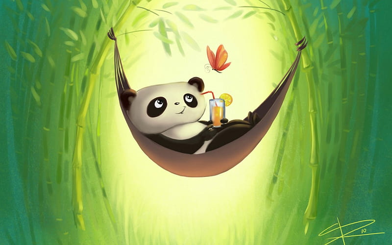 Cool Panda, panda, butterfly, holiday, drawing, hammock, beverage, bamboo, HD wallpaper