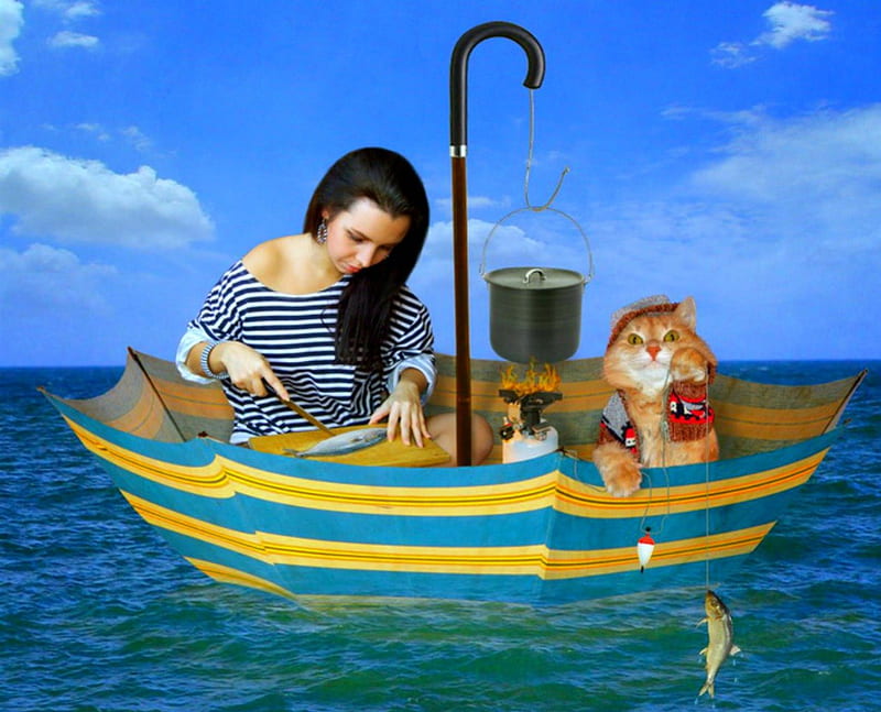 Good new day, art, 3d, fish, cat, woman, sea, HD wallpaper