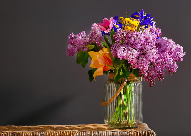 Bouquet of different spring flowers, lilac, pretty, colorful, lovely, vase, mix, scent, bonito, fragrance, still life, bouquet, flowers, tulips, HD wallpaper