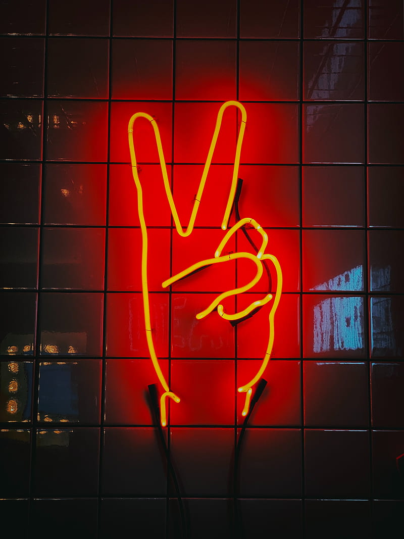 hand, gesture, peace, neon, sign, glow, HD phone wallpaper