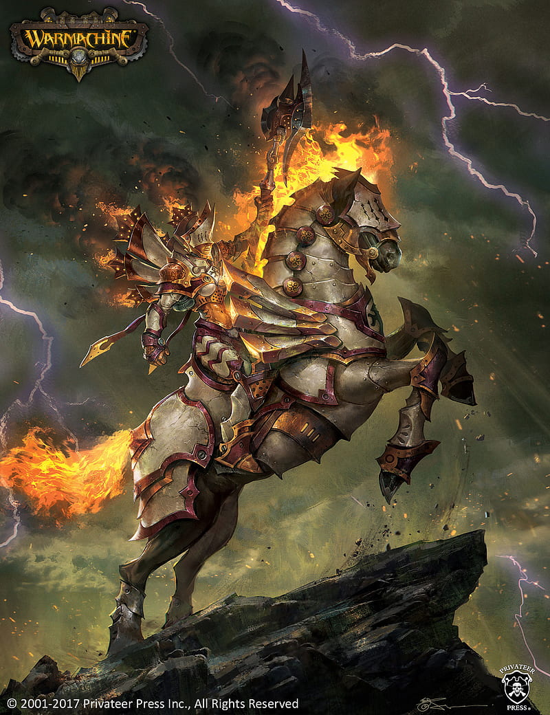 Jeremy Chong, drawing, fantasy art, warrior, axes, fire, horse, armor, cliff, HD phone wallpaper