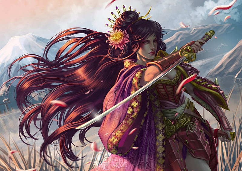 Samurai, art, game, yellow, woman, kimono, fantasy, girl, katana, flower, asian, pink, sword, blue, HD wallpaper