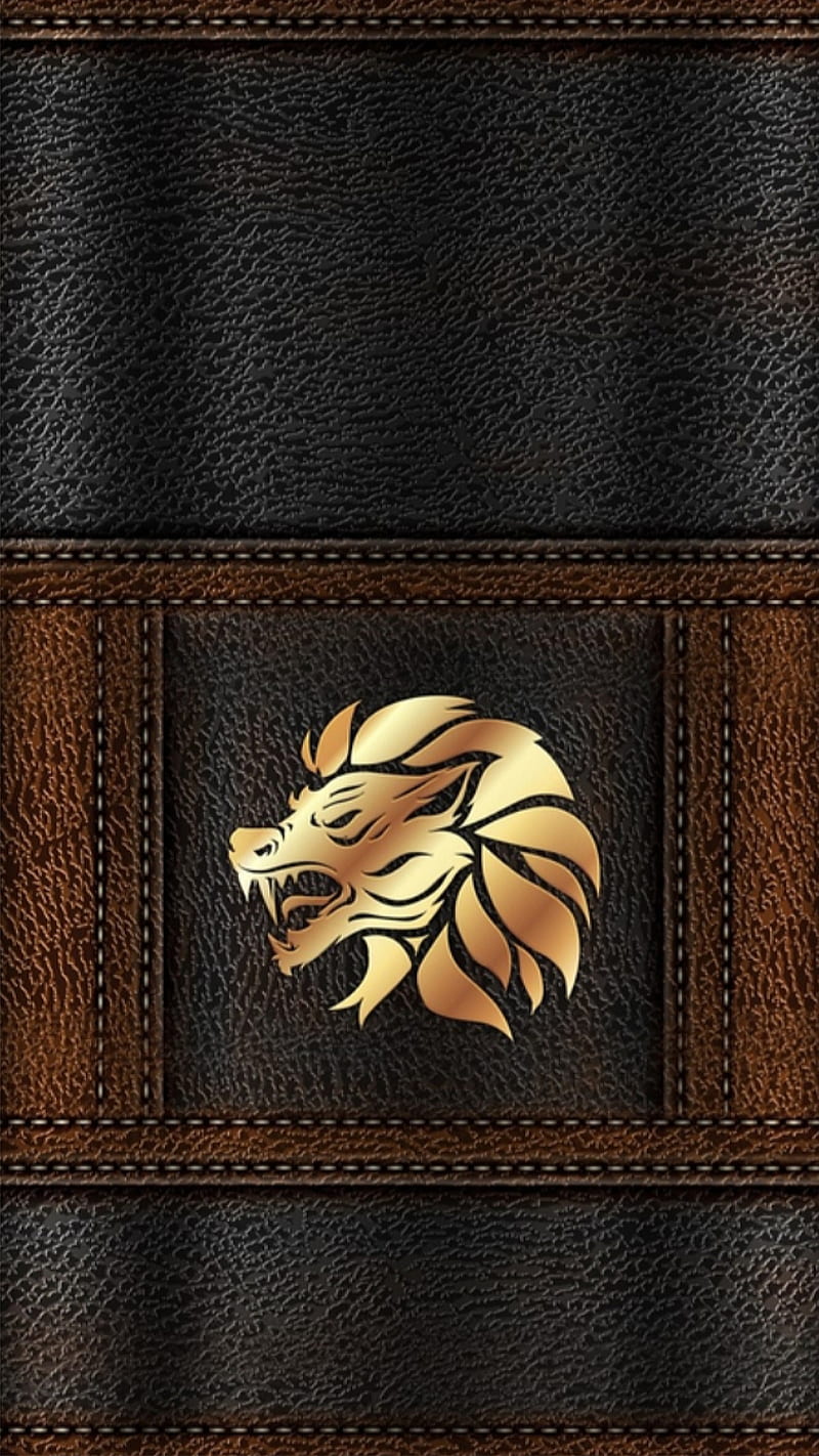 Lion head, leather, jeans themes, gray, lion, logo, golden, edge, HD phone wallpaper