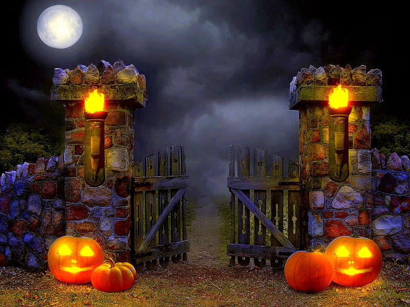 Glowing Pumpkins, gate, holidays, halloween, premade BG, candlelight, creative pre-made, October 31st, door, moon, stock , nature, backgrounds, resources, pumpkins, HD wallpaper