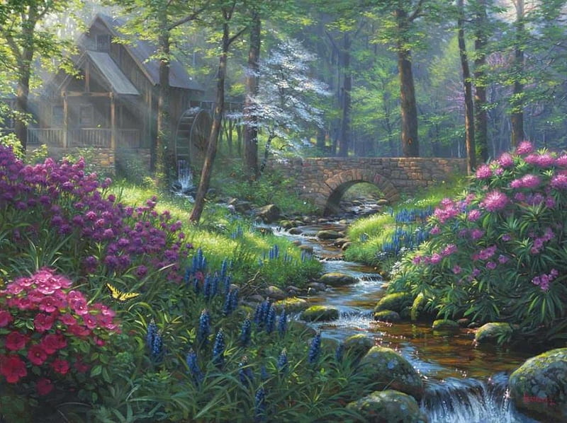 Spring's Renewal, forest, mill, cottage, creek, trees, artwork, stones, bridge, painting, flowers, wheel, HD wallpaper