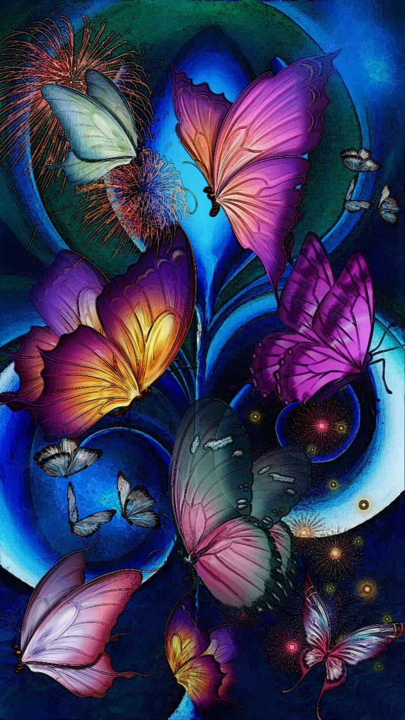 Butterfly Garden, butterflies, flying, group, neon, HD phone wallpaper