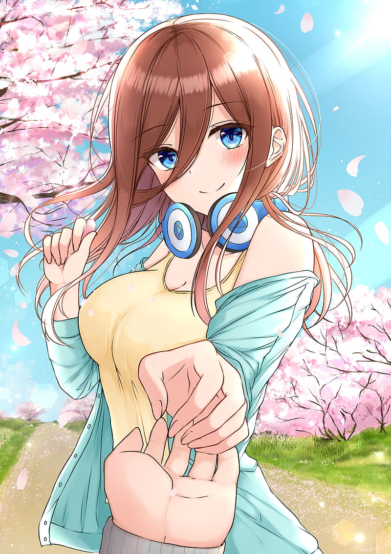 anime, anime girls, Nakano Miku, cleavage, headphones, sweater, 5-toubun no Hanayome, cherry blossom, HD phone wallpaper