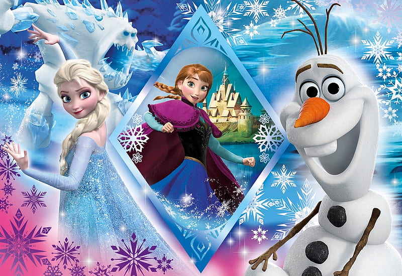 Frozen, poster, anna, movie, elsa, collage, snowman, winter, olaf, fantasy, snow queen, princess, pink, disney, blue, HD wallpaper