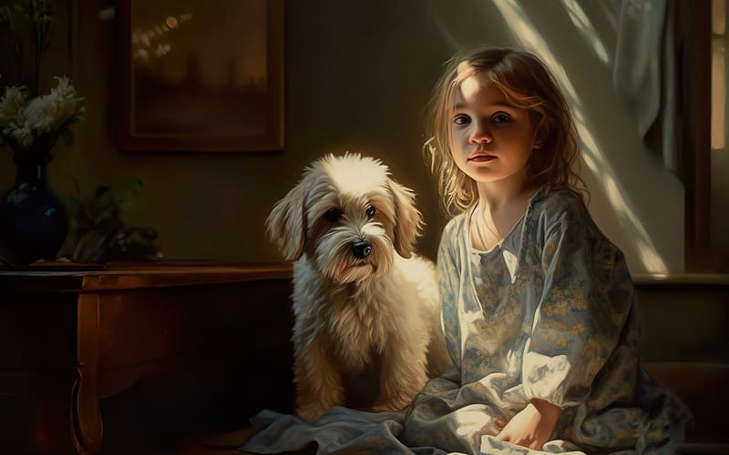 Little Girl and Poodle, dog, little girl, AI art, poodle, HD wallpaper