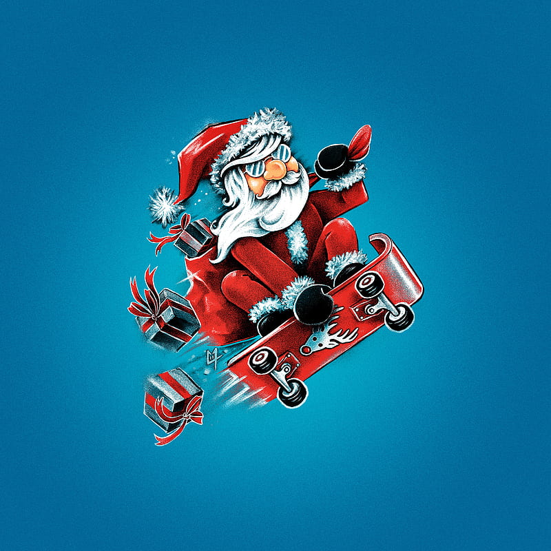 Santa Skateboarding, Merry Christmas, Père Noël, Santa Claus, blue, cool, extreme sport, funny, gifts, skateboard, xmas, HD phone wallpaper