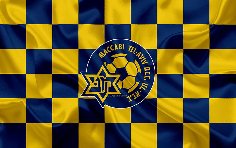 Maccabi Tel Aviv FC Israeli Premier League, yellow and blue checkered flag, Israeli football club, silk flag, football, soccer, Maccabi Tel Aviv logo, Israel, HD wallpaper
