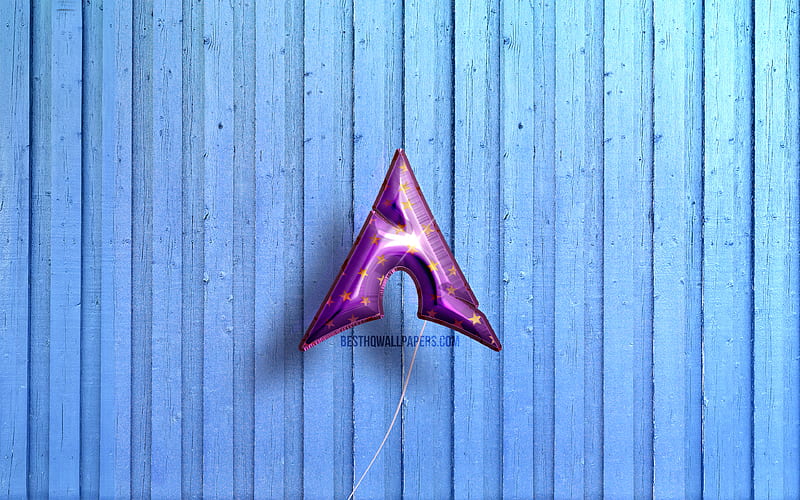 Manjaro logo, violet realistic balloons, Linux, OS, Manjaro 3D logo, blue wooden backgrounds, Manjaro, HD wallpaper