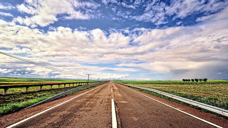 straight highway through farmlands r, highway, straight, fields, r, guard rails, clouds, HD wallpaper