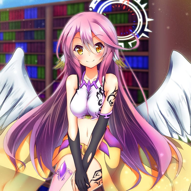 Jibril, female, wings, bonito, wing, sexy, girl, feather, anime, hot, beauty, anime girl, long hair, pink hair, HD wallpaper