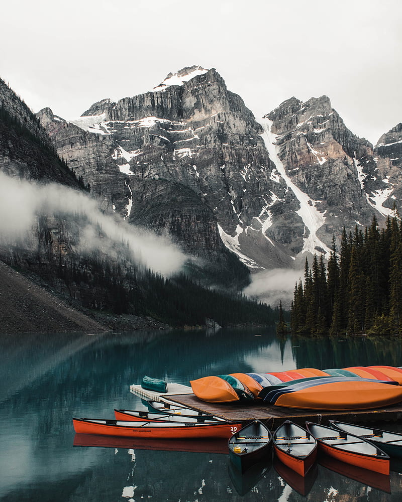 canoe, boats, lake, pier, mountains, HD phone wallpaper