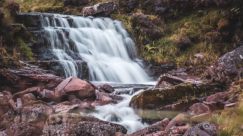 One of the waterfalls on the way to Pen Y Fan, Wales, river, cascades, uk, rocks, stones, HD wallpaper