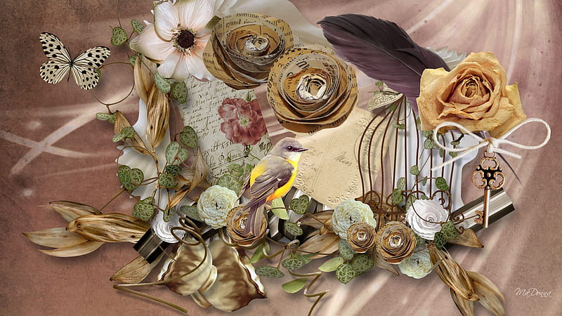 Times Gone By, fall, autumn, brown, paper roses, firefox persona, memories, twine, twigs, leaves, bird, string, feather, remembrance, flowers, swag, HD wallpaper