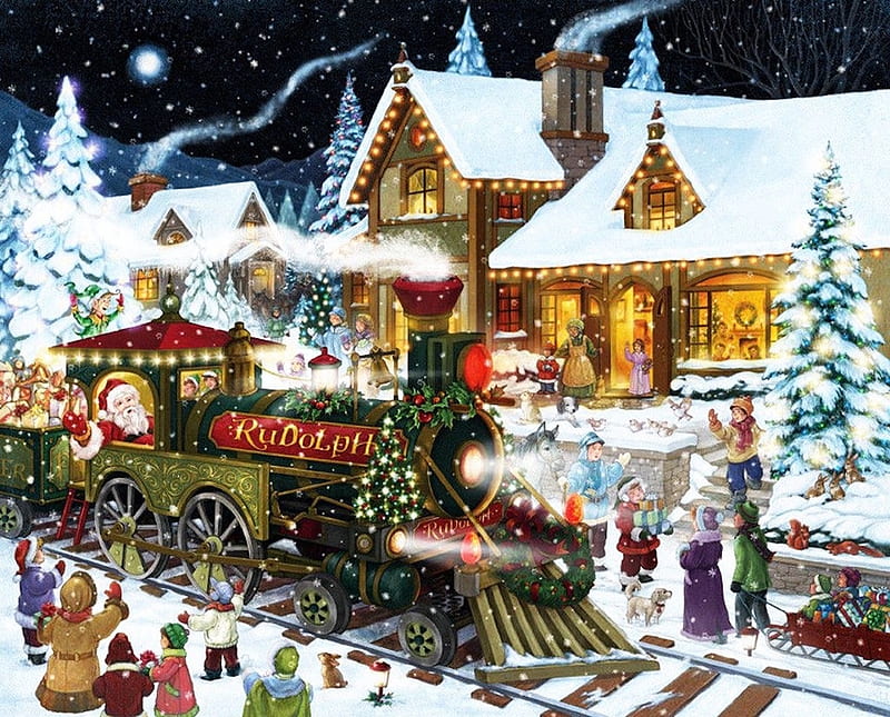 The Rudolph Express, christmas, steam, trees, lights, santa, train, snow, decorations, station, presents, HD wallpaper