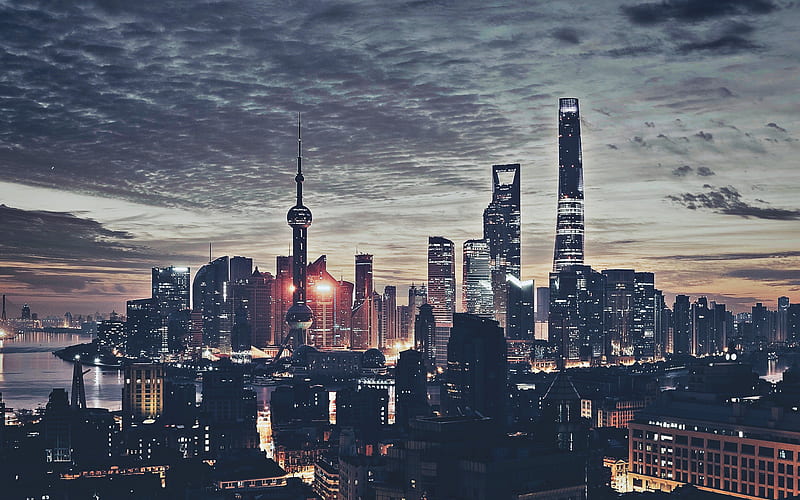 Shanghai, evening city, Huangpu River, cityscapes, skyscrapers, TV tower, China, Asia, HD wallpaper